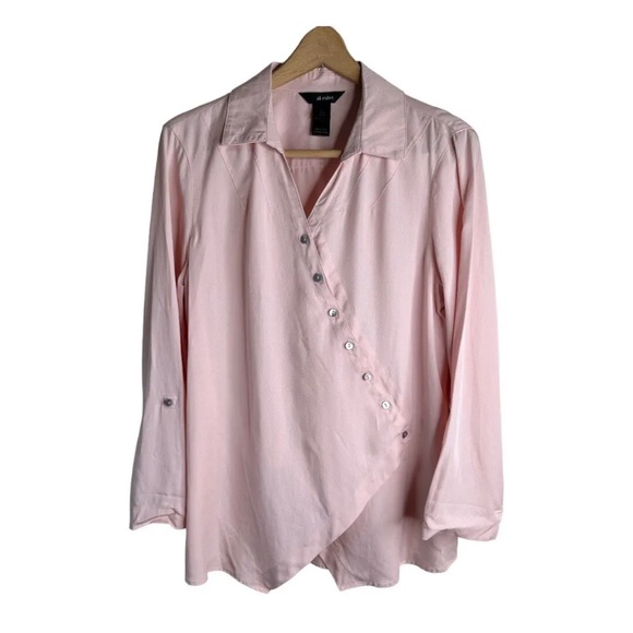 Ali Miles Wrap Blouse Asymmetric Buttons Roll Tab Sleeves Pink Size Large - Picture 2 of 11